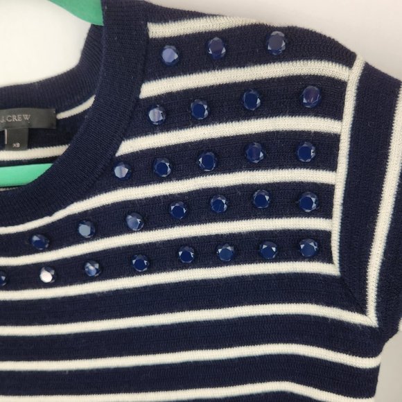 J. Crew 100% Merino Wool Navy White Stripes Embellished Crewneck Sweater sz XS - Picture 4 of 8